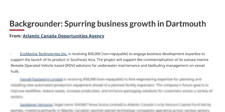 Government of Canada funding backgrounder highlighting EcoMarine Technologies