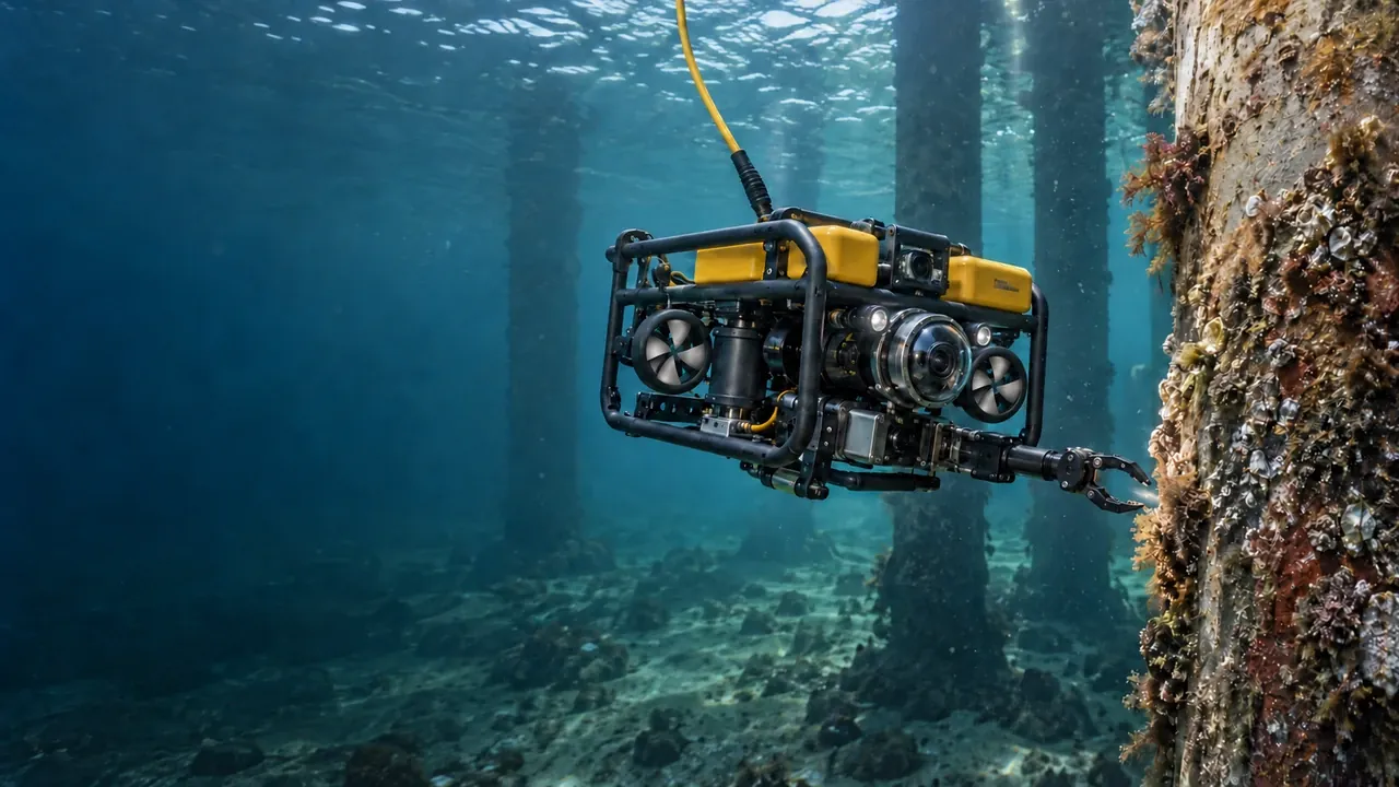 A tethered inspection ROV with twin EP1 rim-driven thrusters working beside a submerged pier support