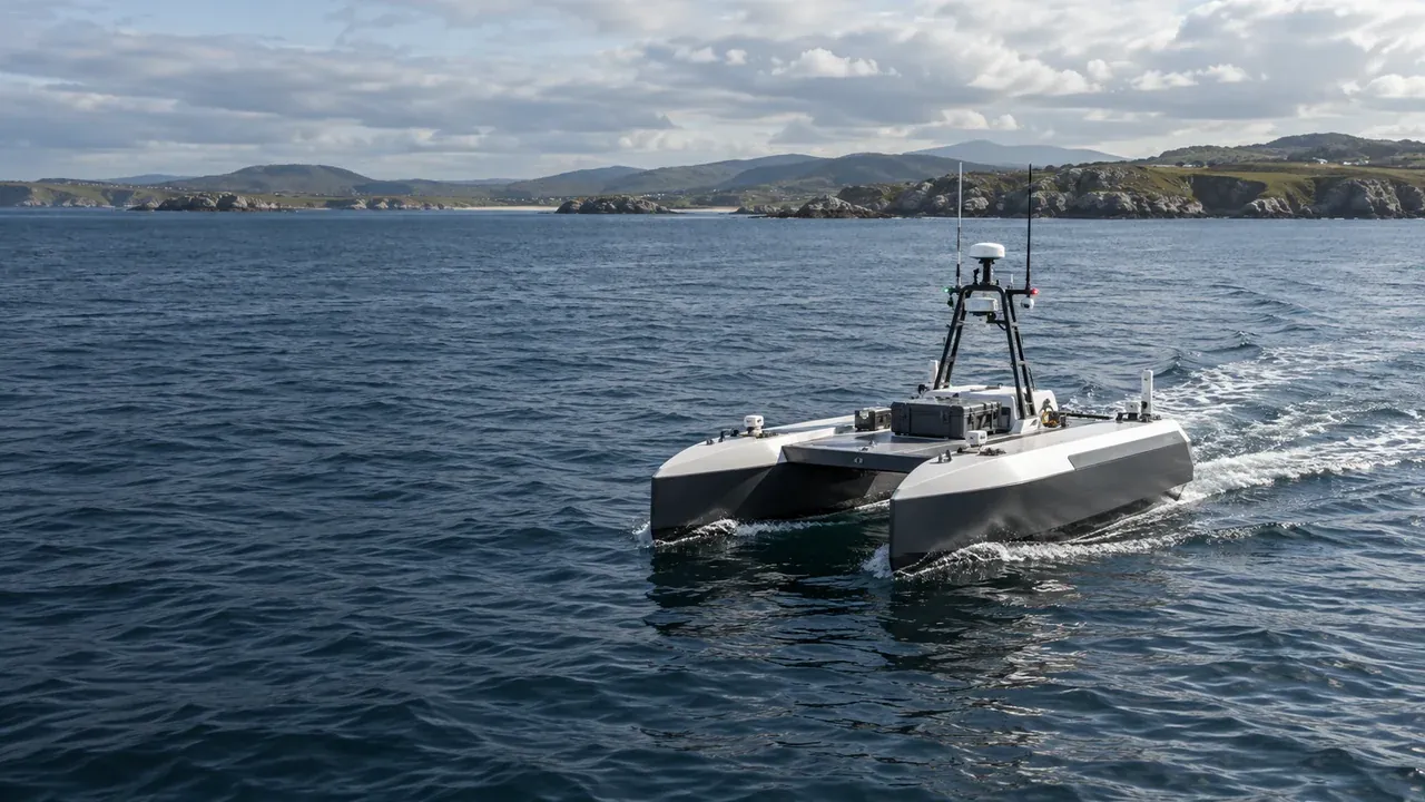 An uncrewed twin-hull survey vessel operating in a coastal bay