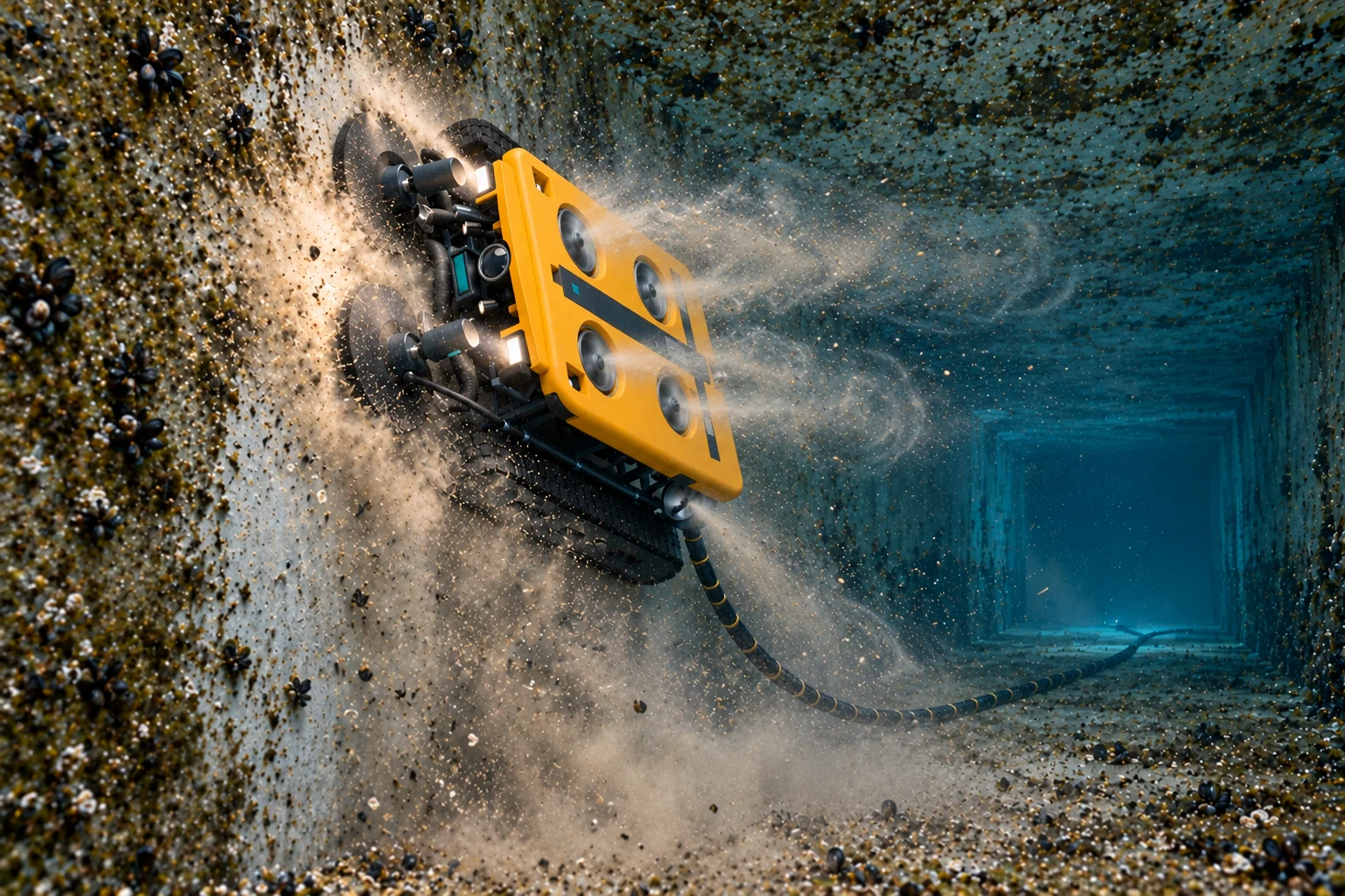OmniBot cleaning a submerged concrete wall using its tracks, cleaning heads and EP1 propulsion