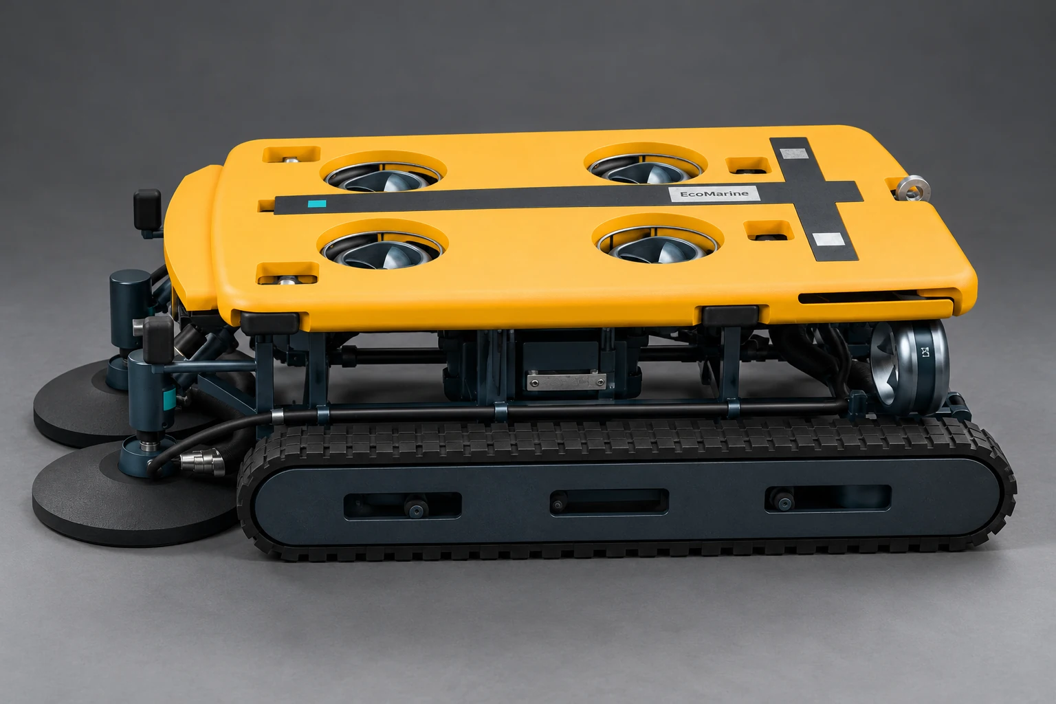 OmniBot side profile showing its EP1 propulsion, tracks and forward cleaning heads