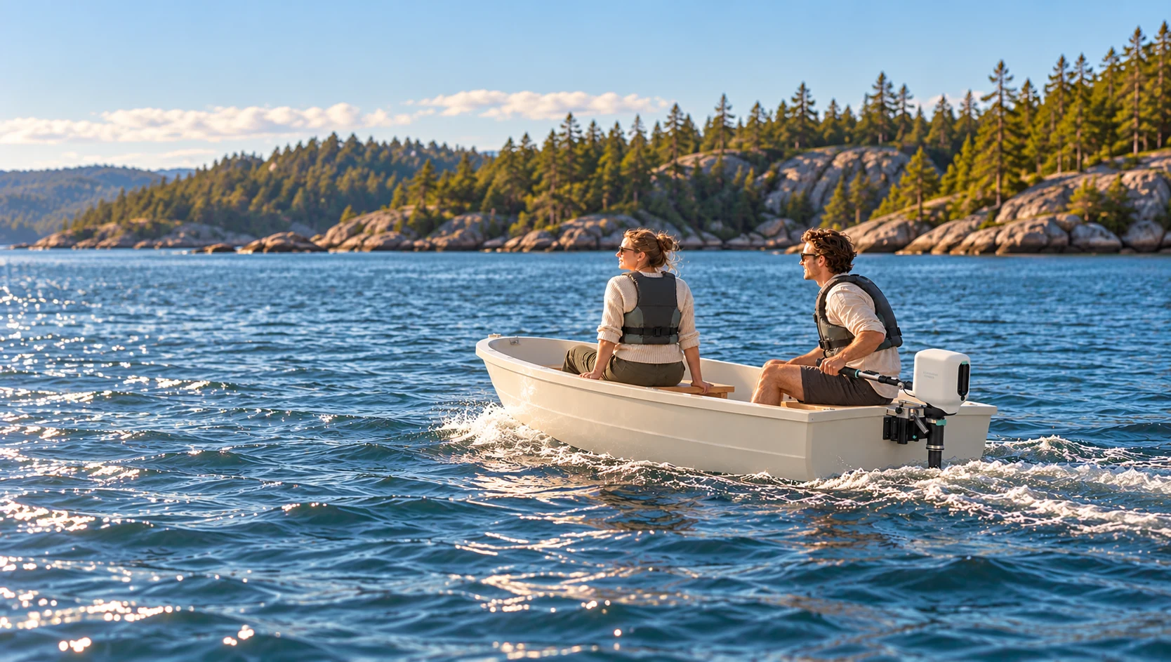 Two people in a small dinghy with a TERN 600 outboard beside a rocky, forested coastline