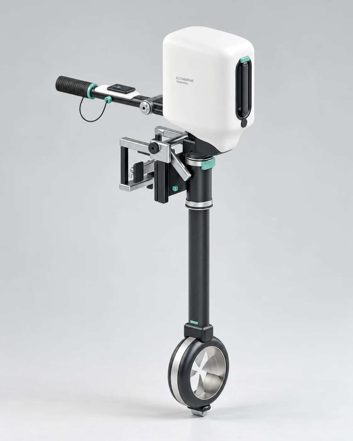 TERN 600 portable outboard with removable battery, folding tiller, transom mount and EP1 shaftless lower unit